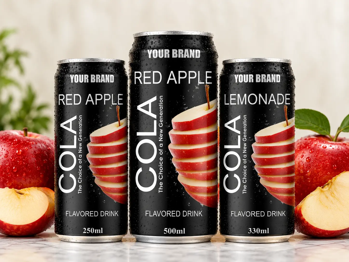 COLA DRINK Red Apple flavour in 250ml, 500ml, and 330ml cans.